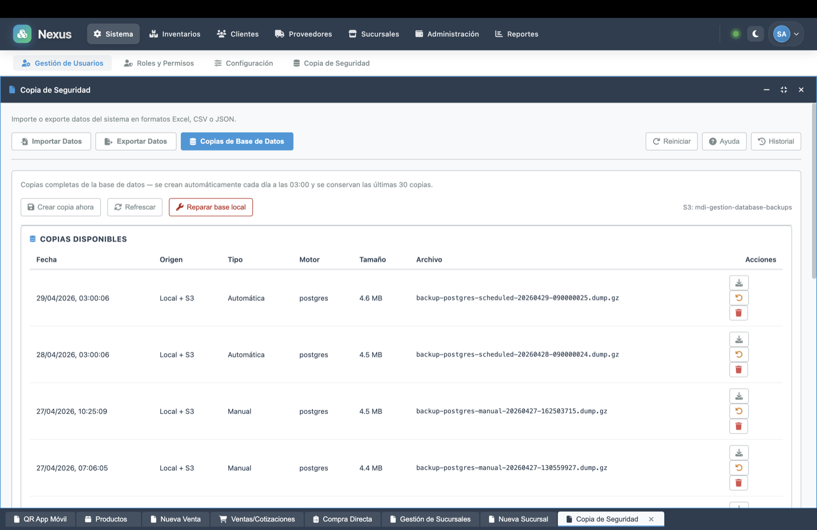 Pantalla de gestión de respaldos automáticos en MDI