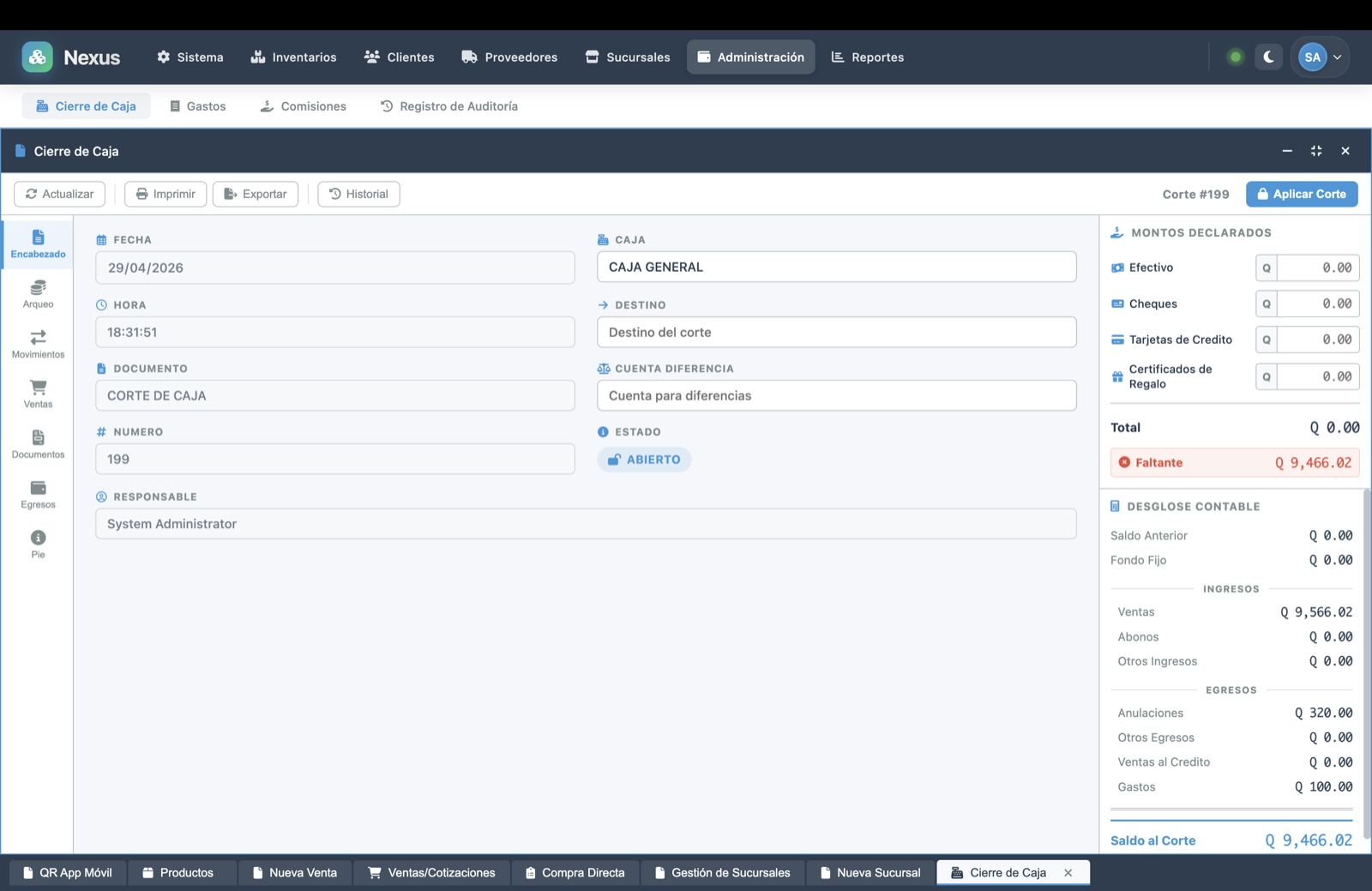 Administración · Cierre de Caja