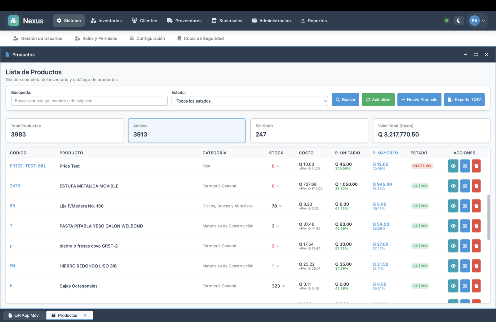 Inventario · Lista de productos