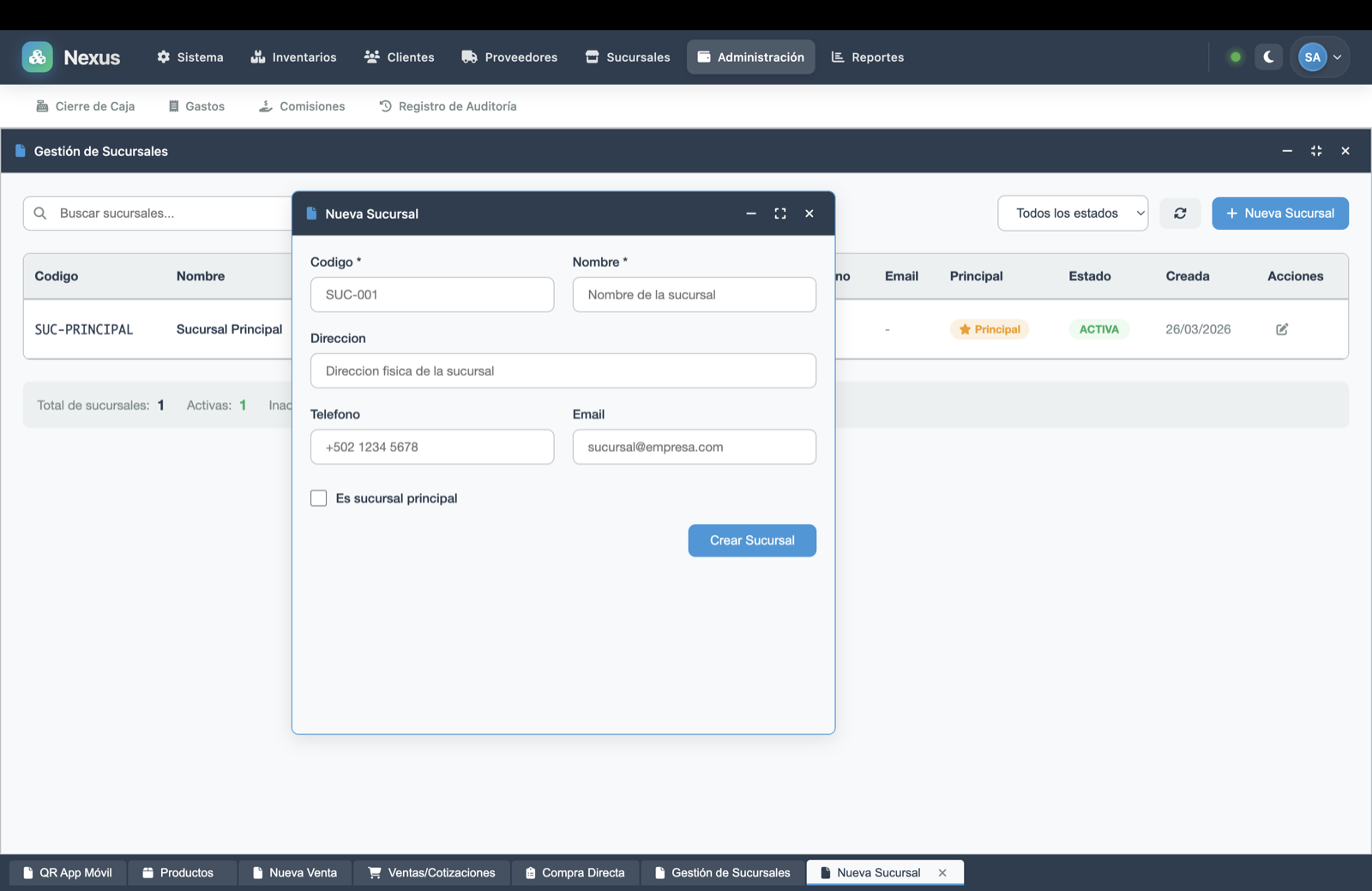 Sucursales · Nueva sucursal